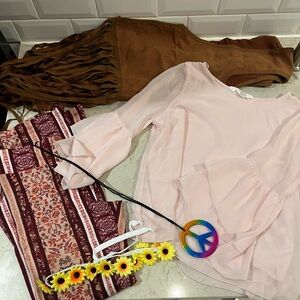 Pink Blouse with Brown Fringe Vest and Patterned Pants - Girls Hippie Costume